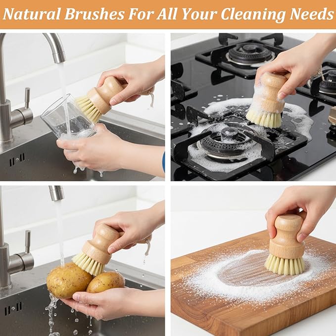 14 Pack Bamboo Dish Brush Set Natural Sisal Scrub Brushes for Pots Pans Sinks Vegetables, Wooden Dishwashing Scrubber Brush Kitchen Cleaning Tool