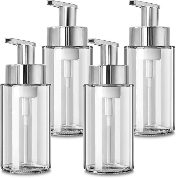 RYTOXILO Glass Soap Dispenser, 10 oz/300ml Foaming Soap Dispenser, 4 Pack Foaming Hand Dispenser for Bathroom & Kitchen, Clear Refillable Foam Soap Bottle with Silver Pump