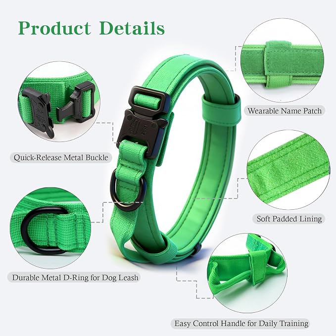 Tactical Dog Collar - Adjustable Nylon, Heavy Duty Metal Buckle with Handle for Dog Training (Bright Green, XXL)