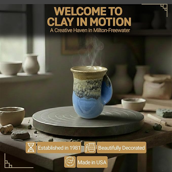 Clay in Motion Hand Warmer Coffee Mug – Handmade Coffee Mug With Comfortable Handle Contoured Pocket Hand Warming Ceramic Coffee Mug – Proudly Made in USA – Right Handed – 14 Oz - Sandy Beach