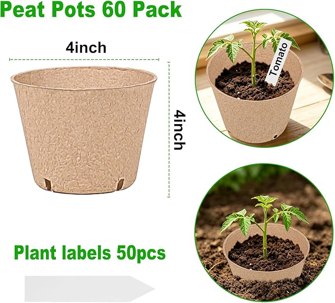JNYONG 60 Packs 4 Inch Peat Pots,Biodegradable Pots for Seedlings with Drainage Holes, Garden Germination Nursery Pots with 50Pcs Plant Labels