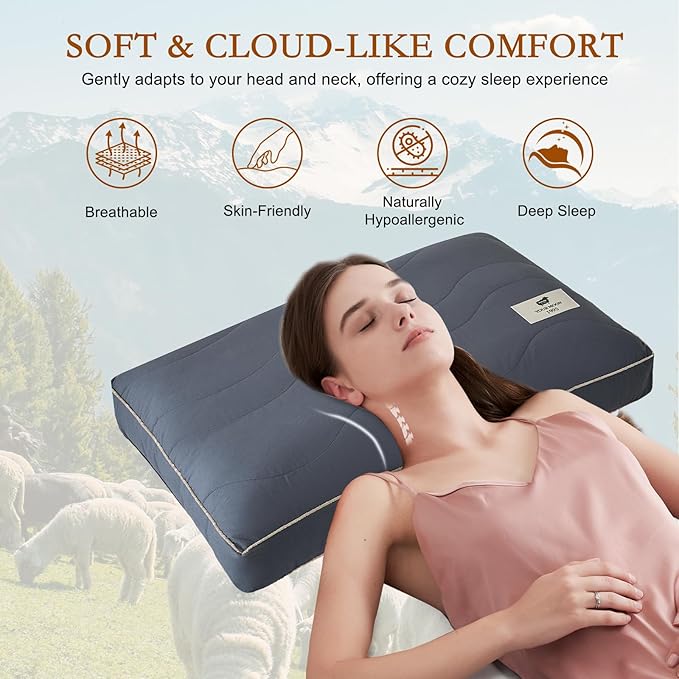 YOUR MOON Natural Soft Wool Pillow Queen Size, Support Soft Bed Pillows for Sleeping, Premium Australian Wool Filling with 100% Cotton Cover, Down Alternative Pillows (Gray)