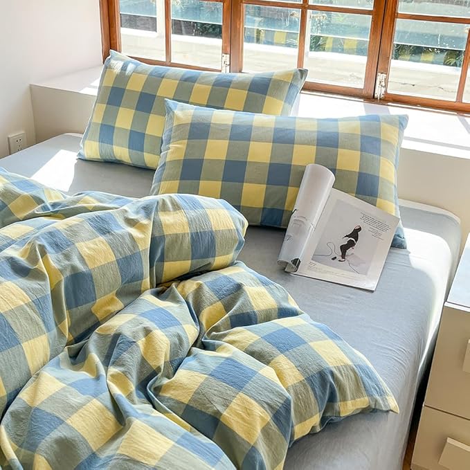 FACE TWO FACE Bedding Duvet Cover Set100% Washed Cotton Duvet Cover Linen Like Textured Breathable Durable Soft Comfy (California King, Blue Yellow Grid)