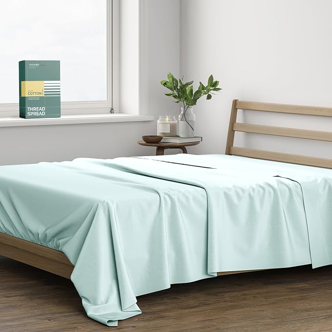 THREAD SPREAD 100% Organic Cotton King Flat Sheet - Percale Weave Cotton Flat Sheet Only (1 PC, Sea Foam), Crisp, Cool, Strong & Breathable Lightweight Bed Linen Top Sheets, GOTS Certified Sheets