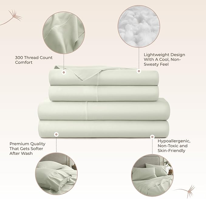 100% Organic Cotton Sheets Full Size - GOTS Certified Organic Bed Sheets with Deep Pocket 300 Thread Count & Cozy Sateen Weave Gets Softer with Each Wash - Luxury 4 Piece Set (Pastel Green, Full)
