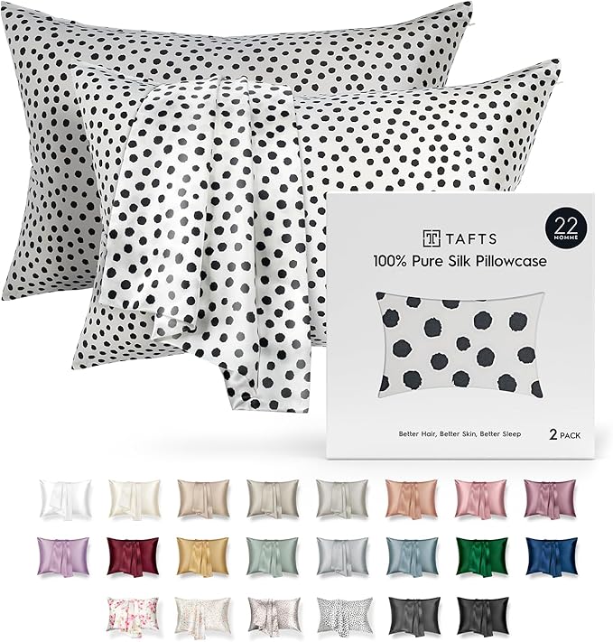 Tafts Silk Pillow Cases - 22mm 100% Pure Mulberry 6A Silk Pillowcase for Hair & Skin with Zipper Closure, Cooling, Natural, Organic, Double Sided Silk Pillow Case (Spot, King 20"x36", 2pc)