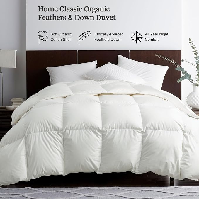 Feathers & Down Comforter, Organic Duvet Insert, 100% Cotton Shell, Ethically-sourced Feathers and Down Filler, All Season Warm, Oversized King Size, White