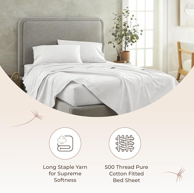 Organic Queen Fitted Sheet Only Deep Pocket - 100% Organic Cotton Sheets with Soft Breathable 500 Thread Count Sateen Weave GOTS & Fairtrade Certified - Fitted Bed Sheets Only (White, Queen)