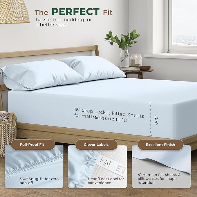 THREAD SPREAD 100% Organic Cotton Sheets Twin Size - 3 PC Organic Cotton Twin Size Percale Weave Sheet Set, Soft, Cooling & Crisp, 16" Deep Pocket Bedding Set for Dorm Room - Light Blue
