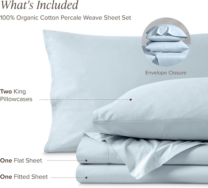 Bare Home 100% Organic Cotton King Sheet Set - Crisp Percale Weave - Lightweight & Breathable - Bedding Sheets & Pillowcases (King, Winter Blue)