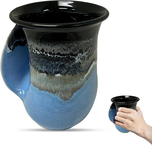 Clay in Motion Hand Warmer Coffee Mug – Handmade Coffee Mug With Comfortable Handle Contoured Pocket Hand Warming Ceramic Coffee Mug – Proudly Made in USA – Left Handed – 14 Oz - Pacific Chill