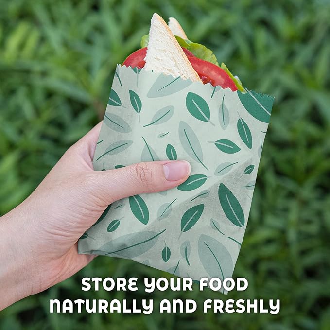Akeeko Reusable Beeswax Food Wraps - Assorted 9 Packs, Reusable, Plastic-Free Food Storage, 5 Small, 2 Medium, 1 Large, 1 Extra Large Wraps with Boho Leaves Pattern
