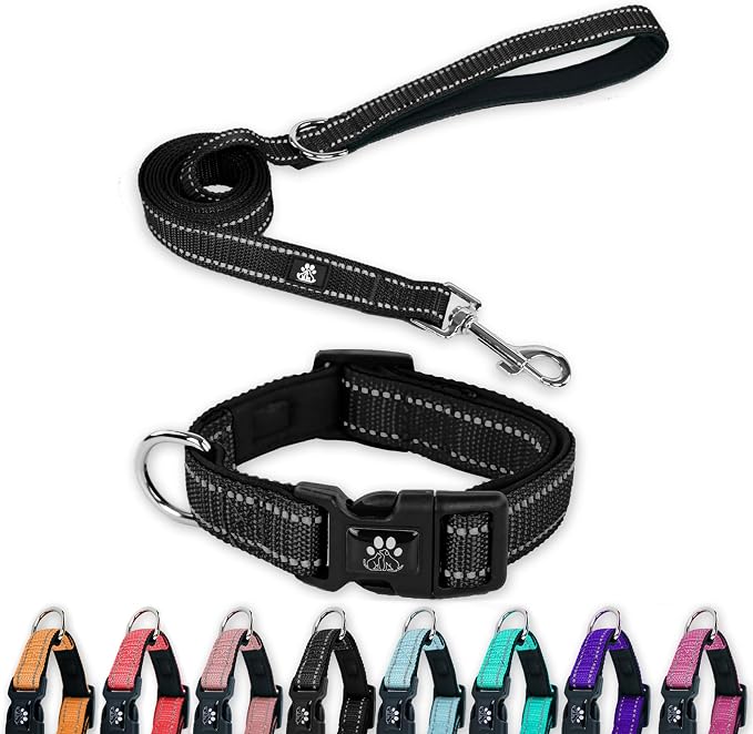 FURRYFECTION Reflective Dog Collar and Leash Set With Quick Release Buckle, Padded Neoprene Adjustable Nylon for Small Medium and Large Dogs (Medium Collar+5FT Leash, Black)