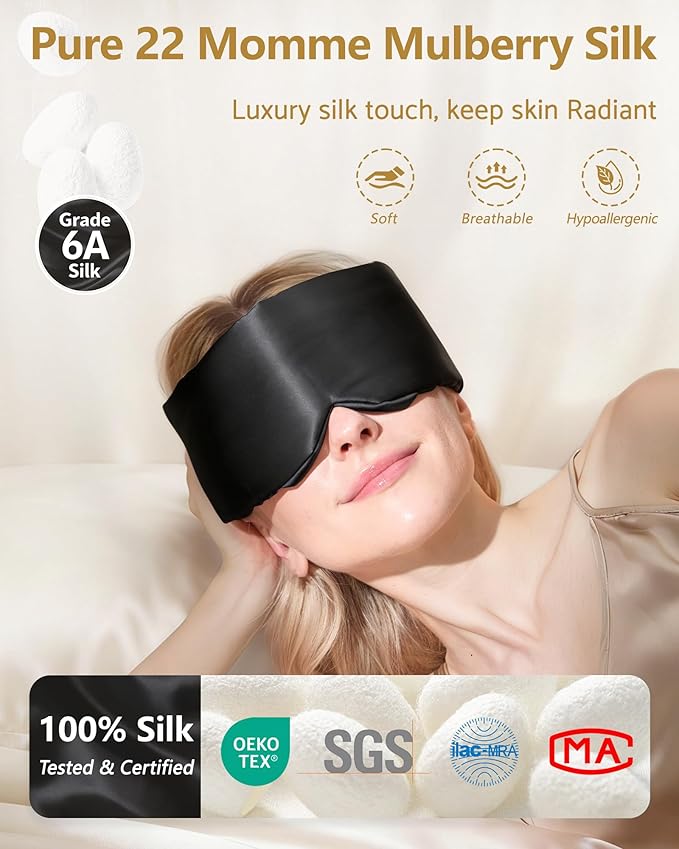 BeeVines 100% 22 Momme Silk 3D Sleep Mask for Men & Women, Luxury Silk 3D Contoured Eye Mask for Lash Extensions, Zero Pressure on Eyes & Blackout for Sleeping, Travel, with Adjustable Band