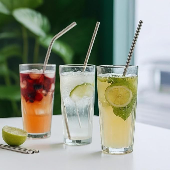16 Pack of Reusable Stainless Steel Metal Straws, 8 Straight + 8 Bent 8.5 Inch Metal Straws with 2 Cleaning Brushes Dishwasher Safe