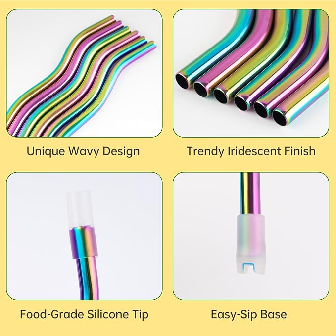 NiHome 6-Pack Wavy Iridescent Stainless Steel Straws with Silicone Tips, Bases & 2 Cleaning Brushes, 3 Sizes 9.25", 10.24" & 12.2", Reusable Metal Straws Fit for Stanley 30oz/40oz Tumblers, Cups