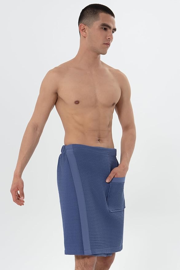 SEYANTE Men's Organic Waffle Spa Wrap – GOTS Certified 100% Turkish Cotton, Adjustable Closure, Same-Color Piping