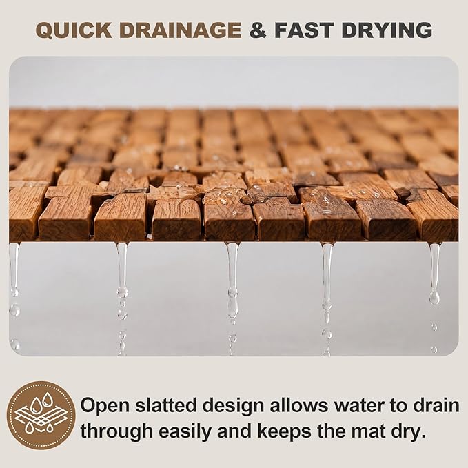 Junkin Teak Wood Bath Mat 47 x 17 Inch, Extra Long Non Slip Wooden Shower Mat for Bathroom, Teak Spa Accessory for Bathtub Area, Spa Home or Outdoor