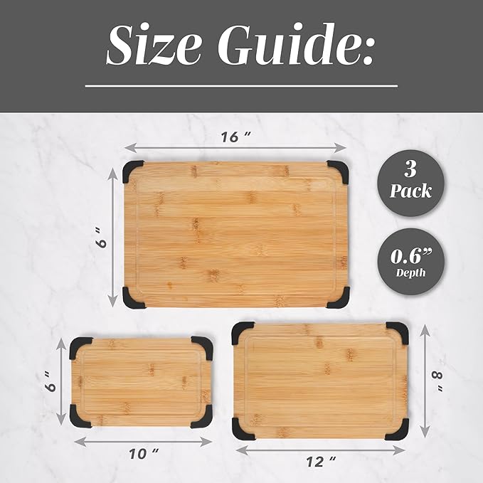 COOK WITH COLOR Non-Slip Cutting Board Set – Kitchen Essentials with Easy Grip Handle for Meat, Veggies, and Fruits, 3 Cutting Boards, Bamboo Non-Slip Black