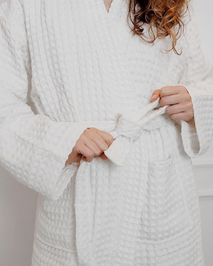 100% Cotton Waffle Kimono Bathrobe for Men & Women, Cozy Leisurewear with Functional Pockets, Comfortable Robe for Relaxation