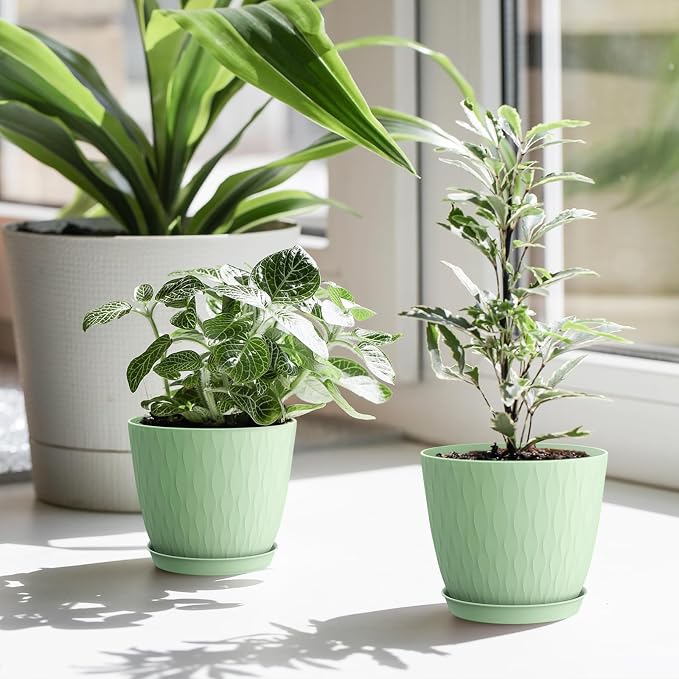 WSMKSZ 6 inch Plant Pots, 5 Pack Flower Pots with Drainage Holes and Saucers for Indoor Plants, Plastic Planters with Water Ripple for Small Garden House Plants, Nursery Pots for Succulent, Green
