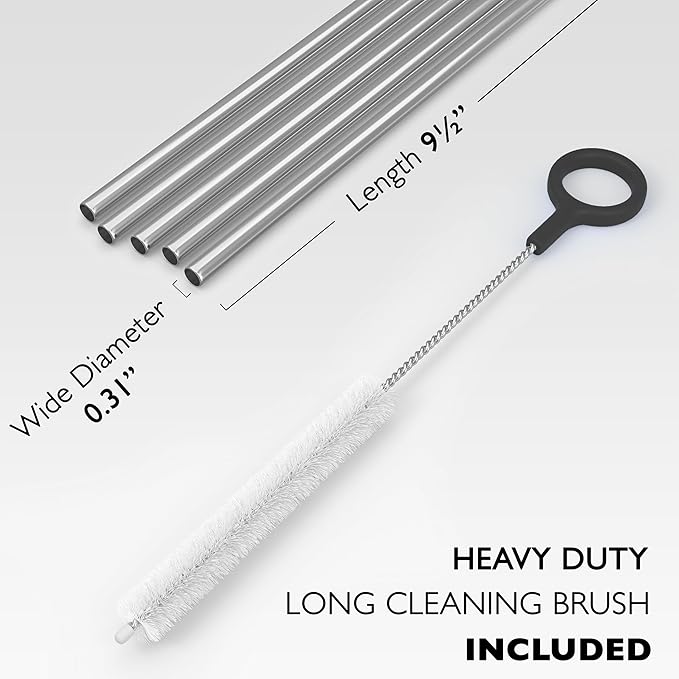 Fiesta First 5 Stainless Steel Straws with Cleaning Brush. 9.45" Long Metal Straws Reusable for 20 24 30 Oz Tumblers, Smoothies and Shakes. Dishwasher Safe Hard Drinking Straws. SILVER