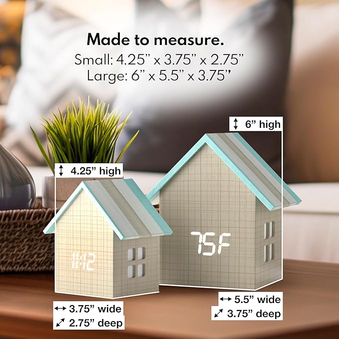 Driini Digital House Shaped Alarm Clock with Temperature Display (Stripe Wood) – Modern Aesthetic - Cute Cube Frame and White LED Dimmer - Perfect Small Desk Clock for Bedside Table or Bedroom Mantle