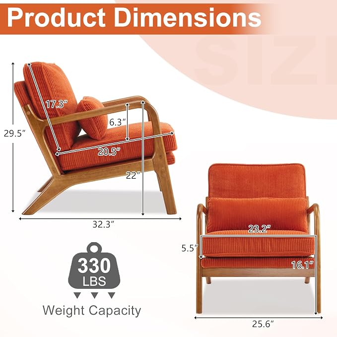 Karl home Mid-Century Modern Accent Reading Chair, Orange | Corduroy Upholstered, Solid Wood Frame, Soft Cushion, Lumbar Pillow, Lounge Armchair for Living Room, Bedroom, Balcony, Study