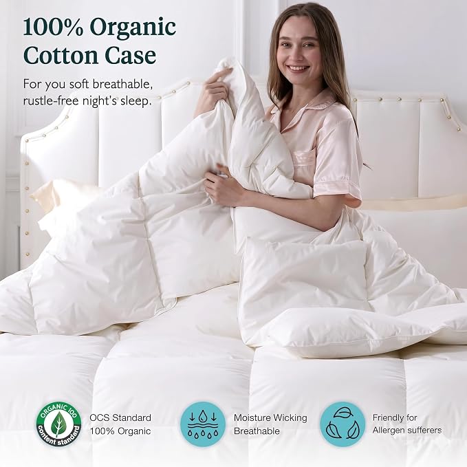 Feathers & Down Comforter, Organic Duvet Insert, 100% Cotton Shell, Ethically-sourced Feathers and Down Filler, All Season Warm, Oversized King Size, White