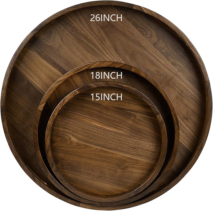 18 x 18 inches Large Round Ottoman Table Tray, Wooden Solid Black Walnut Circle Platter Decorative Serving Tray with Handle for Oversized Ottoman Home Breakfast in Bed Tea Coffee