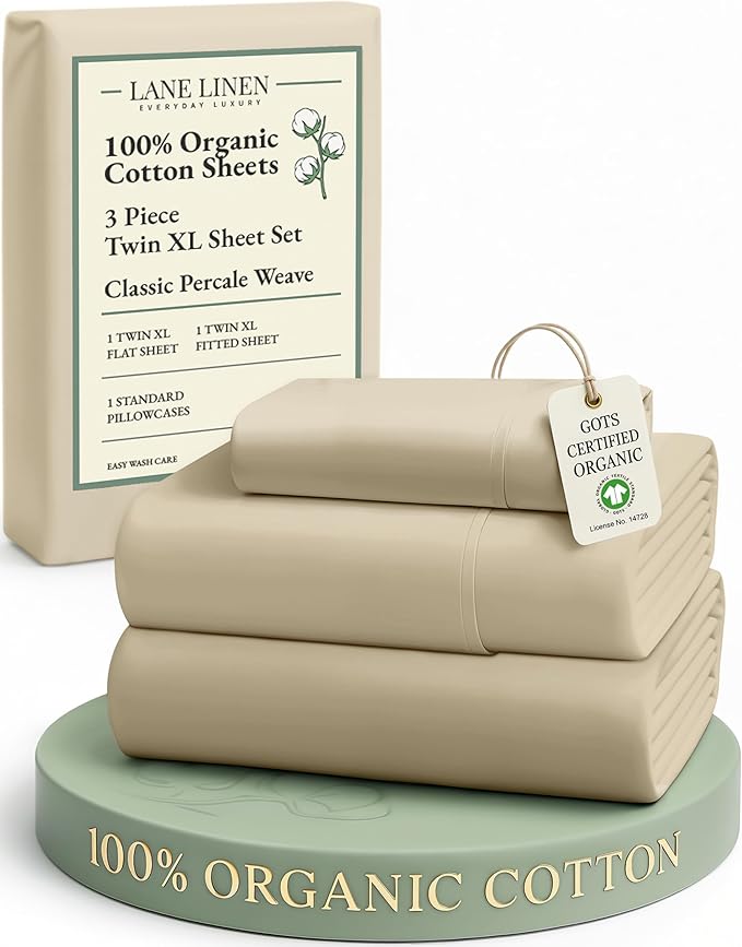 LANE LINEN Twin XL Sheets Set, 100% Mercerized Organic Cotton Twin XL Bed Sheets Set with sily Touch Finish, Soft and Comfy Fully Elasticized Percale Weave Low Pilling XL Twin Sheets Set -Linen
