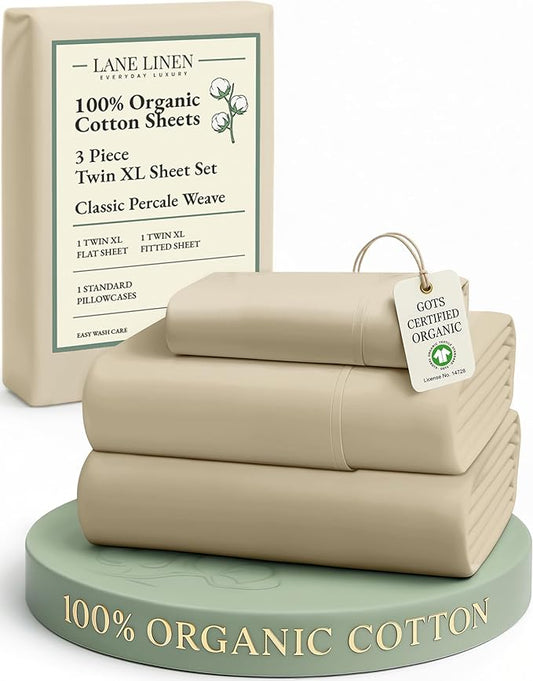 LANE LINEN Twin XL Sheets Set, 100% Mercerized Organic Cotton Twin XL Bed Sheets Set with sily Touch Finish, Soft and Comfy Fully Elasticized Percale Weave Low Pilling XL Twin Sheets Set -Linen