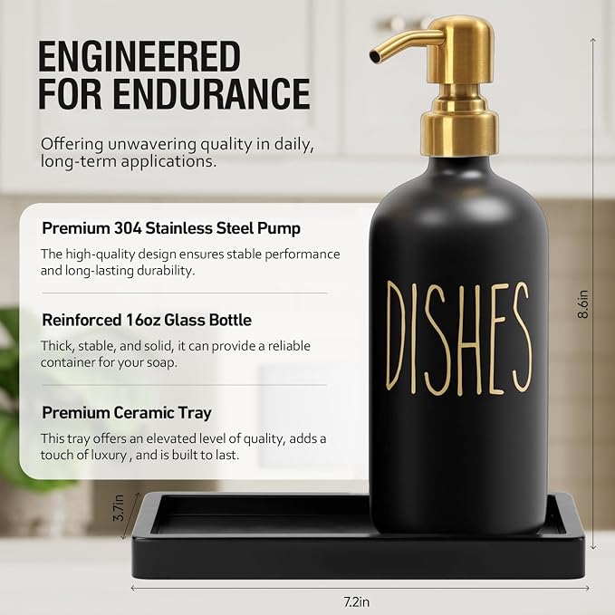 MOMEEMO Black and Gold Soap Dispenser for Kitchen Sink, Hand and Dish Soap Dispenser Set with Ceramic Tray, Suitable for Black and Gold Kitchen Decor. (Black & Gold)