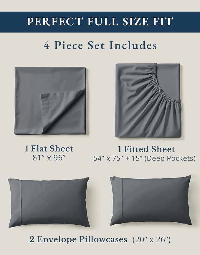 LANE LINEN 100% Organic Cotton Full Size Sheets, Hotel Like Crisp Percale Low Pill Fade Resistant Reinforsed Seam Cotton Sheets, Naturally Cooling 15" Deep Pocket Full Bedding Set- Charcoal
