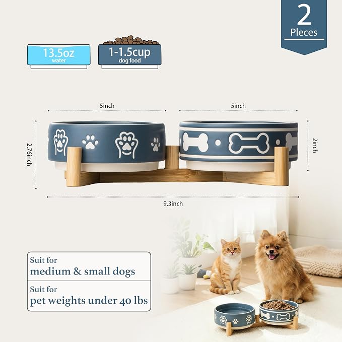 Dafuceramic Dog Bowls Set with Stand, 1.5 Cups Ceramic Puppy Bowls for Dogs, Dual Dog Food and Water Bowls with Bone Pattern,Weighted Non-Slip Base (S-1.5 Cups)