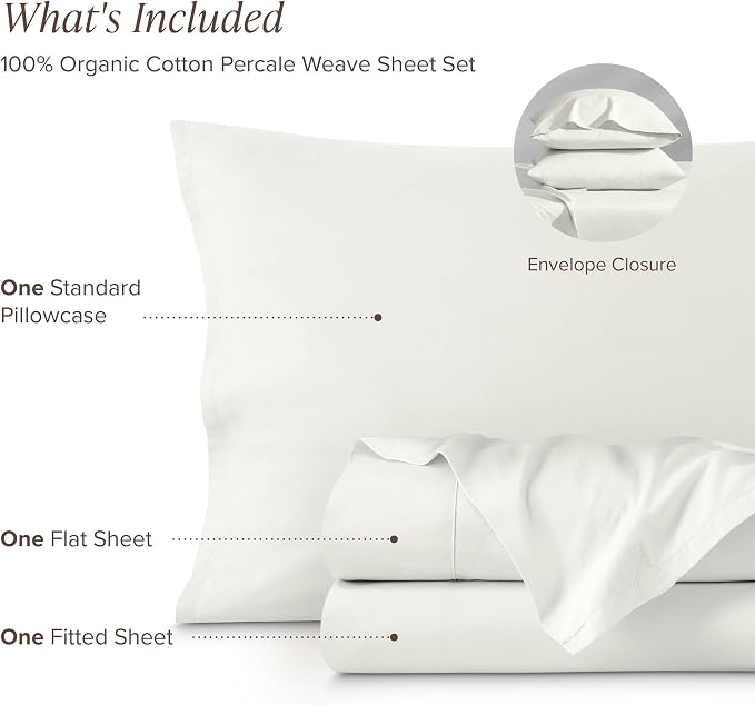Bare Home 100% Organic Cotton Twin XL Sheet Set - Crisp Percale Weave - Lightweight & Breathable - Bedding Sheets & Pillowcases (Twin XL, Cream)
