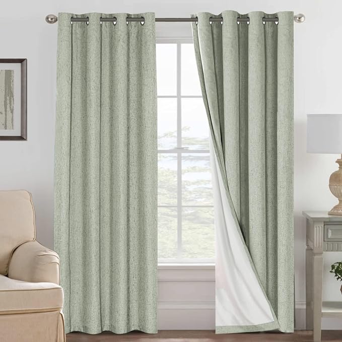 H.VERSAILTEX Linen Curtains 100% Blackout Curtains for Bedroom 102 inch Long Full Light Blocking Nature Linen Blended Window Curtains for Living Room Nickel Grommet (2 Panels, Sage)