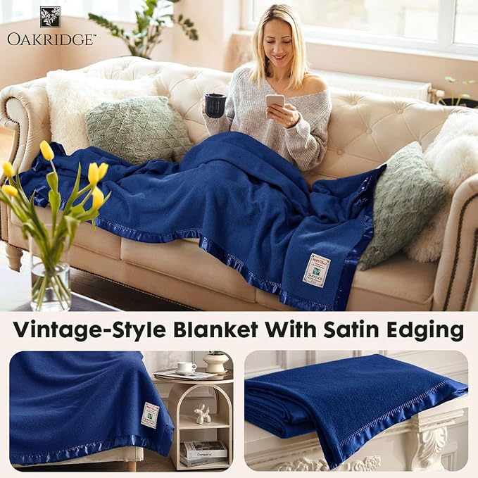 OakRidge Heirloom Merino Wool Blanket – 100% Australian Wool with Vintage Satin Edges – Breathable, Odor-Resistant, All-Season Bedding in Full/Queen Size – Navy Blue Cozy Throw for Home or Travel