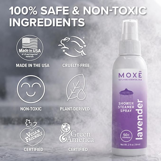 MOXĒ Shower Steamer Spray Lavender Essential Oil Shower Spray – Relaxing Aromatherapy Mist for Home Spa Experience – Pure Plant Based Fragrance for Daily Routine – 1 Pack, 2oz