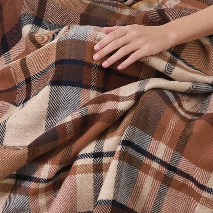 Soft Pure Wool Throw Blanket, Lightweight Warmth, 55"x83", Plaid, Fringe, Compact with Bag, Useful Gift for Women Men, All Season Decorative Cozy Travel Blanket for Couch Bed, Outdoors