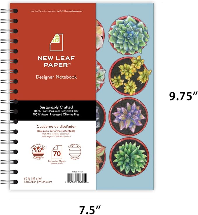 New Leaf Paper Small Spiral Bound Designer Notebooks, Bulk Pack of 12, Succulents Design, 9.75" x 7.5" 70 Sheets, 100% Recycled College Ruled Pages, Vegan, Made in USA
