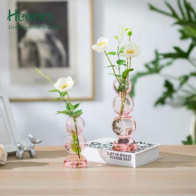 Glass Bubble Vases for Flowers, Hewory 2pcs Pink Unique Cute Single Flower Vase for Centerpieces, Funky Aesthetic Vase Skinny Bud Vase, Cool Groovy Decor for Home Living Room Bedroom Office Tabletop