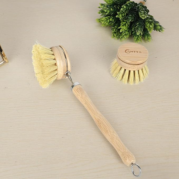 Bamboo Dish Brush with Handle - Soft Bristle, Non Toxic Vegetable Brush Scrubber for Food Compostable & Sustainable Kitchen Scrub Brush for Dishes, Pots and Pans