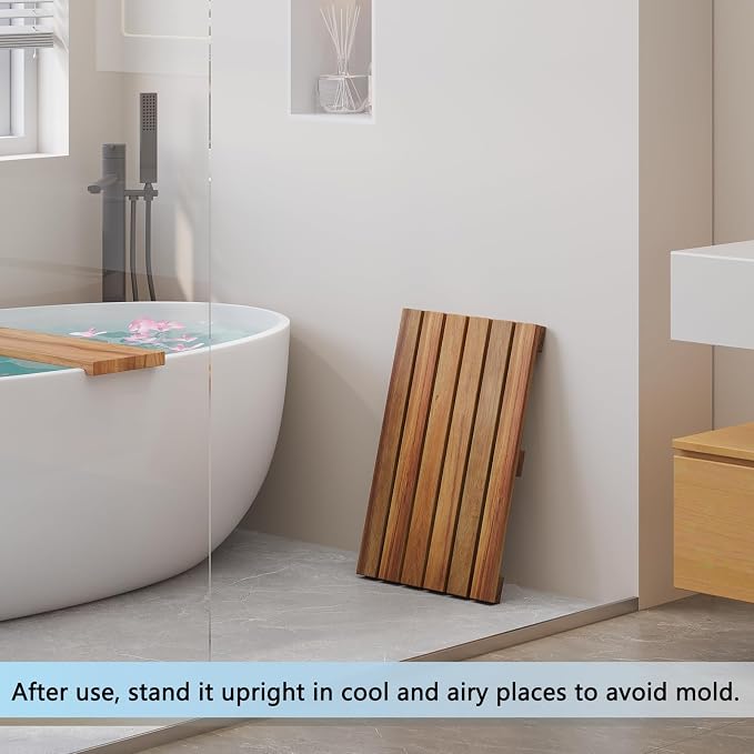 Solid Acacia Wood Shower Mat, Non Slip Bathroom Mat (19.6"×13", Small) Sturdy Floor Mat for Spa Home or Outdoor Shower, Easy to Clean, Quick Drying