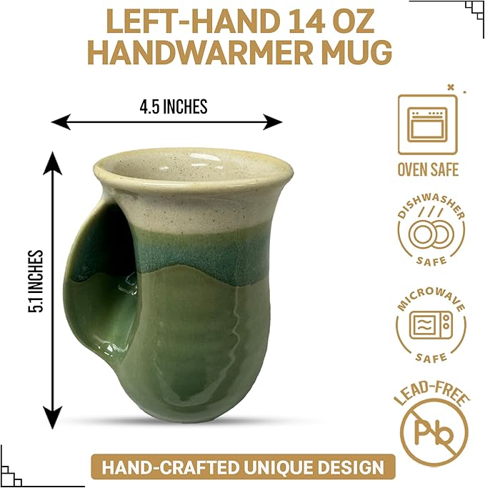 Clay in Motion Hand Warmer Coffee Mug – Handmade Coffee Mug With Comfortable Handle Contoured Pocket Hand Warming Ceramic Coffee Mug – Proudly Made in USA – Left Handed – 14 Oz - Grass Lands