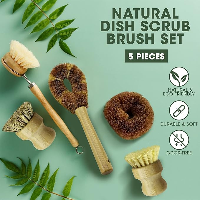 5 Pieces Bamboo Dish Brush Set for Eco-Friendly Home - Wooden Dish Scrubbers, Sustainable Kitchen Cleaning Set, Natural Bristle Dish Brushes for Pots Pans Bottles