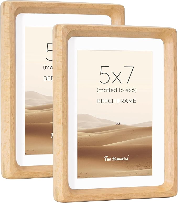5x7 Picture Frame Set of 2, USA-Sourced Beech Wood Photo Frame with HD Tempered Glass, Handcrafted Rounded Corner 5 x 7 Wooden Frames Matted to 4x6 Photos, 5x7 Frames, Tabletop or Wall Display