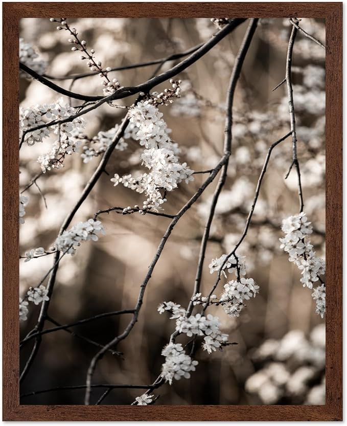 Monem Art Cherry Blossom Branch Photography Print - Moody Botanical Nature Art Poster - Wall Decor for Living Room, Bedroom or Office - 8x10 Brown Framed Wall Art by Mareike Bohmer