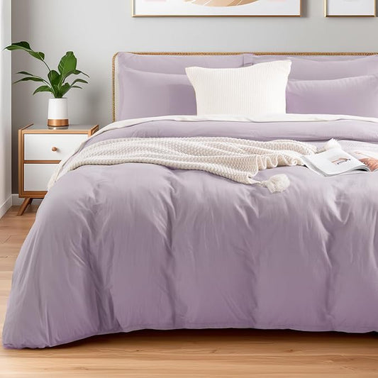 NEXHOME PRO Duvet Cover Set 100% Washed Cotton Kids Twin XL 66"x92", Organic Natural Linen Like Textured 2 Pieces Bedding Set Lavender Lilac with Zipper Closure, Corner Ties, Breathable (No Comforter)