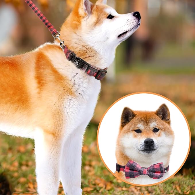 IVY&LANE Dog Collar with Bowtie and Leash Set | Plaid Adjustable Dog Collar | Detachable Bow Tie |5 FT Dog Leash | for Small Medium Large Dogs | Checkered Red | Large